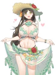 Rule 34 | 1girl, :d, absurdres, bare shoulders, bikini, black hair, black survival, blush, bracelet, breasts, brown hair, choker, cleavage, criss-cross halter, eternal return: black survival, flower, frilled bikini, frills, green eyes, gweon sua, halterneck, hat, hat flower, heart, highleg, highleg bikini, highres, hop3, huge breasts, jewelry, long hair, looking at viewer, multicolored hair, navel, open mouth, red flower, ribbon, rose, sarong, see-through, simple background, smile, solo, standing, straw hat, sun hat, swimsuit, thighs, very long hair, white background, white bikini