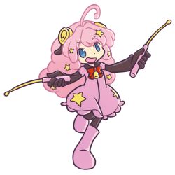 Rule 34 | 1girl, ahoge, animal ears, bell, blue eyes, bodystocking, boots, bow, bowtie, collared dress, commentary request, curly hair, dot nose, dress, drumsticks, flat chest, frilled dress, frills, full body, hair ornament, holding, holding drumsticks, horns, knee boots, long hair, looking at viewer, moa (show by rock!!), myon2355, open mouth, pink dress, pink footwear, pink hair, puyopuyo, red bow, red bowtie, sheep ears, sheep girl, sheep horns, short sleeves, show by rock!!, simple background, smile, solo, standing, standing on one leg, star (symbol), star hair ornament, white background