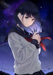Rule 34 | 1girl, bad id, bad pixiv id, black sailor collar, black skirt, blue eyes, blue nails, commentary request, highres, long hair, long sleeves, nail polish, neckerchief, night, night sky, original, outdoors, own hands together, parted lips, purple hair, red neckerchief, sailor collar, saitou (lynx-shrike), school uniform, serafuku, shirt, skirt, sky, smile, solo, star (sky), starry sky, upper body, white shirt