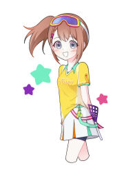Rule 34 | 1girl, arms behind back, belt, bike shorts, braid, breasts, brown hair, clothes writing, cropped legs, dot nose, eyelashes, goggles, goggles on head, green belt, grey eyes, group name, hair between eyes, hair ornament, hairclip, hanasato minori, highres, jersey, light smile, loose belt, minna de enjoy! spojoy park (project sekai), mn4, pink belt, pleated skirt, project sekai, racket, side ponytail, sidelocks, simple background, skirt, small breasts, smile, solo, sportswear, star (symbol), starry background, striped, striped belt, swept bangs, tareme, triangle hair ornament, white background, white skirt