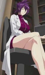 Rule 34 | 1girl, book, breasts, chair, computer, closed eyes, highres, lab coat, large breasts, legs, crossed legs, oikawa urada, purple hair, screencap, seikon no qwaser, short hair, sitting, skirt, smile, solo, stitched, table, thighs, third-party edit, zipper