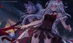 Rule 34 | 2girls, animal ear fluff, animal ears, belt, black dress, black gloves, blue eyes, breasts, chain, choker, cleavage, copyright name, dress, elbow gloves, gloves, hair intakes, hair ornament, highres, holding, holding sword, holding weapon, looking at viewer, looking back, medium breasts, multiple girls, outdoors, pixiv fantasia, pixiv fantasia age of starlight, ponytail, red eyes, red ribbon, ribbon, silver hair, sword, weapon, x hair ornament, ying shi de xia yeji