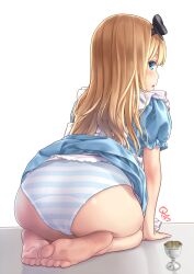 Rule 34 | 1girl, alice (alice in wonderland), alice in wonderland, aoi kumiko, ass, ass focus, barefoot, blonde hair, blue dress, blue eyes, bow, clothes lift, commentary, dress, dress lift, egg cup, feet, foot focus, from behind, hair bow, highres, long hair, looking back, paid reward available, panties, ribbon, short sleeves, simple background, sitting, soles, solo, striped clothes, striped panties, thighs, toes, underwear, white background