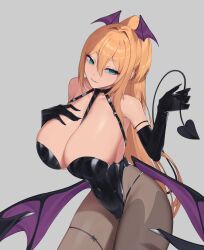 Rule 34 | 1girl, absurdres, alternate costume, bare shoulders, bat wings, befe, black gloves, black leotard, black tail, blonde hair, breasts, brown pantyhose, cleavage, collarbone, demon girl, demon tail, elbow gloves, fake nails, fang, gloves, goddess of victory: nikke, green eyes, grin, hair intakes, hand on own chest, head wings, highleg, highleg leotard, highres, huge breasts, leotard, light blush, long hair, looking to the side, low wings, pantyhose, parted lips, ponytail, rupee (nikke), skin fang, smile, solo, strapless, strapless leotard, tail, thick thighs, thighlet, thighs, very long hair, wings