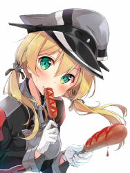 Rule 34 | 10s, 1girl, anchor hair ornament, blonde hair, blush, corn dog, eating, food, gloves, green eyes, hair ornament, hat, kakao rantan, kantai collection, looking at viewer, low twintails, military, military hat, military uniform, peaked cap, prinz eugen (kancolle), sausage, simple background, solo, twintails, uniform, white background, white gloves