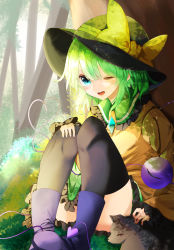 Rule 34 | 1girl, ;d, animal, black hat, black thighhighs, blue eyes, blush, boots, bow, bush, buttons, day, diamond button, eyebrows hidden by hair, floral print, frilled shirt collar, frills, green hair, hair between eyes, hat, hat bow, heart, heart of string, highres, knees up, komeiji koishi, koroyarou, long sleeves, looking at viewer, medium hair, one eye closed, open mouth, outdoors, shirt, sitting, sleeves past wrists, smile, solo, teeth, thighhighs, third eye, tongue, touhou, tree, upper teeth only, wide sleeves, yellow bow, yellow shirt