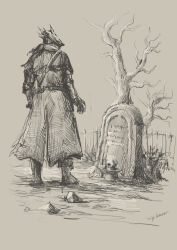 Rule 34 | 1other, ambiguous gender, artist name, bare tree, belt, bloodborne, boots, coat, gloves, greyscale, highres, hunter (bloodborne), long sleeves, monochrome, skull, solo, standing, tombstone, tree, tripdancer