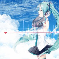 Rule 34 | 1girl, bad id, bad pixiv id, cloud, detached sleeves, green hair, hatsune miku, headset, highres, long hair, open mouth, pine (yellowpine112), profile, skirt, sky, solo, thighhighs, tsukun112, twintails, very long hair, vocaloid