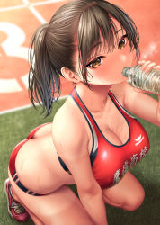 Rule 34 | 1girl, arm support, bare arms, bare legs, bottle, breasts, brown eyes, brown hair, buruma, butt crack, cleavage, commentary request, drinking, from above, grass, gym shorts, hand up, highres, holding, holding bottle, kase daiki, large breasts, long hair, looking at viewer, original, ponytail, red buruma, red footwear, red sports bra, shoes, shorts, sneakers, solo, sports bra, sportswear, sweat, tan, tanline, track and field, track uniform, water bottle