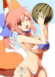 Rule 34 | 10s, 1girl, animal ears, bare shoulders, bikini, bow, breasts, cleavage, fang, fate/extra, fate/grand order, fate (series), female focus, food, fox ears, fox tail, fruit, groin, hair bow, hair ribbon, kurikara, large breasts, long hair, navel, official alternate costume, one eye closed, open mouth, pink hair, ribbon, signature, solo, swimsuit, tail, tamamo (fate), tamamo no mae (fate/extra), tamamo no mae (sexy bikini) (fate), twintails, underboob, watermelon, yellow eyes
