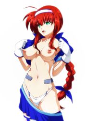 Rule 34 | 1girl, ahoge, amitie florian, braid, breasts, cameltoe, gloves, green eyes, hairband, heart, heart-shaped pupils, highres, large breasts, long hair, lyrical nanoha, mahou shoujo lyrical nanoha, navel, nipples, open clothes, open mouth, panties, red hair, skirt, solo, standing, sweat, symbol-shaped pupils, tappa (esperanza), tongue, tongue out, underwear, undressing, white gloves