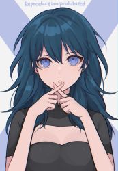 Rule 34 | 1girl, black shirt, blue eyes, blue hair, breasts, byleth (female) (fire emblem), byleth (fire emblem), cleavage, cleavage cutout, clothing cutout, commentary request, fire emblem, fire emblem: three houses, grey background, hair between eyes, hands up, highres, long hair, looking at viewer, nintendo, parted lips, shimizu akina, shirt, solo, upper body