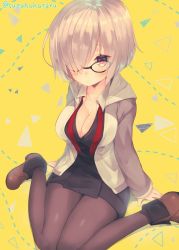 Rule 34 | 1girl, ankle boots, arms at sides, black-framed eyewear, black dress, black pantyhose, blush, boots, breasts, brown footwear, closed eyes, collarbone, commentary request, dotted line, dress, fate/grand order, fate (series), from above, glasses, grey jacket, hair over one eye, jacket, knees together feet apart, long sleeves, looking at viewer, looking up, mash kyrielight, medium breasts, open clothes, open jacket, pantyhose, pink eyes, shiny skin, short hair, silver hair, sitting, solo, suzuho hotaru, track jacket, triangle, twitter username, wariza, wing collar, yellow background