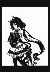 Rule 34 | 1girl, absurdres, animal ears, bare shoulders, black border, border, bow, cat ears, cat girl, cat tail, closed mouth, collared shirt, cowboy shot, drill hair, frilled skirt, frills, from side, greyscale, hair bow, hand on own chin, head rest, highres, karyl (princess connect!), long bangs, long hair, looking down, low twintails, monochrome, moy1124, paper cutout (medium), princess connect!, shirt, sidelocks, skirt, sleeveless, sleeveless shirt, smile, solo, tail, bridal garter, thighhighs, twin drills, twintails, very long hair