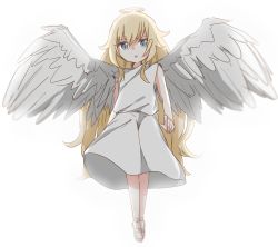 Rule 34 | 1girl, ancient greek clothes, angel, angel wings, bafarin, blonde hair, blue eyes, chiton, commentary request, flying, gabriel dropout, gabriel tenma white, halo, highres, long hair, sandals, simple background, solo, very long hair, white background, wings