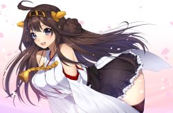 Rule 34 | 10s, 1girl, :d, ahoge, bare shoulders, bent over, black thighhighs, blush, boots, breasts, brown hair, detached sleeves, double bun, frilled skirt, frills, hair bun, hair ornament, hairband, kantai collection, kongou (kancolle), large breasts, long hair, mataro (matarou), miniskirt, open mouth, personification, petals, pleated skirt, skirt, smile, solo, thigh boots, thighhighs, thighs, zettai ryouiki