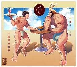 Rule 34 | 2boys, abs, all might, alternate costume, antenna hair, bara, blonde hair, blue male swimwear, blush, boku no hero academia, brown hair, bulge, cocktail glass, commission, cup, drinking glass, drinking straw, facing another, from side, fundoshi, giving food, grin, highres, holding, holding tray, japanese clothes, jezz mons art, large bulge, large pectorals, male focus, male swimwear, mature male, multiple boys, muscular, muscular male, nipples, pectorals, profile, satou rikidou, see-through, short hair, sitting, smile, sparkling aura, spiked hair, swim briefs, thick eyebrows, thick thighs, thighs, topless male, tray, veins, veiny arms, waiter, wet male swimwear, yaoi