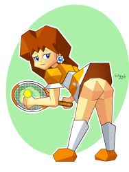 Rule 34 | 1girl, :3, ass, ball, bent over, blue eyes, brown hair, closed mouth, dress, earrings, english text, eyelashes, flower (symbol), flower earrings, from side, full body, green background, highres, holding, holding ball, holding racket, jewelry, kneehighs, long hair, looking at viewer, low poly, mario (series), mario tennis, nintendo, orange dress, orange footwear, outline, low poly, princess daisy, puffy short sleeves, puffy sleeves, racket, raised eyebrow, shoes, short dress, short sleeves, sleepiitreat, smile, smug, socks, solo, sound effects, tennis ball, tennis racket, upskirt, white background, white dress, white outline, white socks