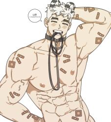 Rule 34 | 1boy, abs, animal ears, bandaid, bandaid on arm, bara, bear ears, closed eyes, facing viewer, highres, large pectorals, leash in mouth, male focus, mismatched eyebrows, multicolored ears, muscular, muscular male, na-eun (ejdbvaaqup08jfy), nipples, nude, original, pectorals, scratching head, short hair, solo, stomach, thick eyebrows, too many bandaids, upper body, white hair