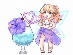 Rule 34 | bangle, bare shoulders, bikini, blonde hair, bracelet, breasts, cherry, choujigen game neptune, drink, fairy, feet, flower, food, fruit, glass, green eyes, highres, histoire, ice cream, jewelry, long hair, mini person, minigirl, navel, neptune (series), nov, pina colada, purple flower, sandals, simple background, small breasts, solo, straw, swimsuit, thighs, tome fairy, twintails, white background