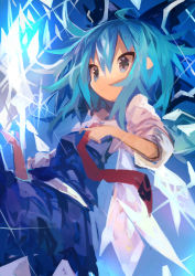 Rule 34 | 1girl, absurdres, blue background, blue bow, blue dress, blue eyes, blue hair, bow, cirno, dress, hair between eyes, hair bow, highres, ice, ice wings, kaamin (mariarose753), red neckwear, short hair, solo, sparkle, touhou, wings