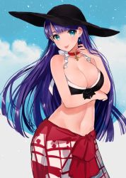 Rule 34 | 1girl, :p, bikini, breasts, choker, cleavage, closed mouth, earrings, fate/grand order, fate (series), hat, jewelry, large breasts, long hair, martha (fate), martha (swimsuit ruler) (fate), martha (swimsuit ruler) (first ascension) (fate), miyako (xxxbibit), purple hair, revision, sarong, smile, solo, swimsuit, tongue, tongue out