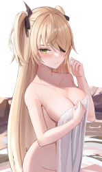 Rule 34 | 1girl, absurdres, black ribbon, blonde hair, blush, breasts, cleavage, closed mouth, collarbone, covering privates, eyepatch, fischl (genshin impact), genshin impact, green eyes, hair ribbon, hand up, highres, holding, holding towel, i ruru, long hair, looking at viewer, medium breasts, naked towel, nude, nude cover, onsen, ribbon, solo, towel, two side up, very long hair, water
