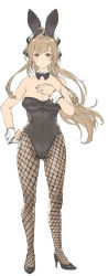 Rule 34 | 1girl, ahoge, amagi brilliant park, animal ears, bare shoulders, black bow, black bowtie, black footwear, black leotard, blush, bow, bowtie, brown eyes, detached collar, fake animal ears, fishnet pantyhose, fishnets, full body, gluteal fold, hair ribbon, hand on own hip, hand on own chest, high heels, iwauchi tomoki, leotard, light blush, light brown hair, long hair, looking at viewer, pantyhose, parted lips, playboy bunny, rabbit ears, ribbon, sento isuzu, solo, standing, wing collar, wrist cuffs