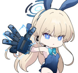Rule 34 | 1girl, animal ears, blonde hair, blue archive, blue bow, blue eyes, blue hairband, blue leotard, bow, braid, chibi, collar, commentary request, detached collar, earpiece, earrings, electricity, hairband, halo, jewelry, leotard, long hair, nyaru (nyaru 4126), playboy bunny, rabbit ears, rabbit tail, simple background, solo, strapless, strapless leotard, stud earrings, tail, toki (blue archive), toki (bunny) (blue archive), v-shaped eyebrows, very long hair, white background, white collar, wing collar