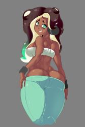 Rule 34 | 1girl, ass, back, breasts, bulumble-bee, butt crack, clenched teeth, dark-skinned female, dark skin, denim, female focus, from behind, headphones, highres, jeans, large breasts, looking at viewer, looking back, marina (splatoon), mole, mole under mouth, nintendo, no panties, octoling, pants, skin tight, smile, solo, splatoon (series), splatoon 2, splatoon 2: octo expansion, standing, strapless, teeth, tentacle hair, tight clothes, tight pants, tube top, white tube top, wristband