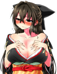 Rule 34 | 1girl, bare shoulders, blush, bow, breast suppress, breasts, brown eyes, brown hair, cleavage, collarbone, hair intakes, hair ornament, half updo, hands on breasts, hands on own chest, highres, japanese clothes, kanayama nao, large breasts, long hair, original, ribbon, solo, standing, sweat, upper body, yoshida hideyuki