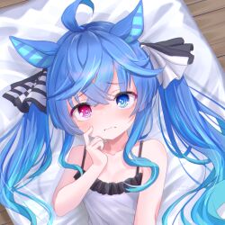 Rule 34 | 1girl, ahoge, animal ears, black ribbon, blue eyes, blue hair, blush, camisole, commentary, crossed bangs, finger to face, fluno, from above, frown, futon, hair ribbon, heterochromia, highres, horse ears, horse girl, long hair, looking at viewer, lying, on back, on bed, purple eyes, ribbon, solo, twin turbo (umamusume), twintails, umamusume, white camisole, wooden floor