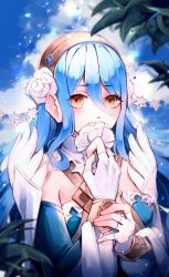 Rule 34 | 1girl, azura (fire emblem), blue hair, blush, covering own mouth, creyton, dress, fingerless gloves, fire emblem, fire emblem fates, fire emblem heroes, flower, gloves, hair between eyes, hair flower, hair ornament, hairband, hand over own mouth, highres, jewelry, long hair, looking at viewer, nintendo, official alternate costume, petals, solo, very long hair, white flower, yellow eyes