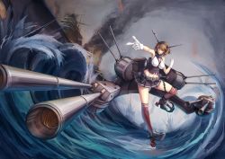 Rule 34 | 10s, absurdres, brown hair, chain, gloves, highres, kantai collection, kneehighs, mutsu (kancolle), navel, personification, rifling, short hair, shou mai, skirt, socks, solo, water, weapon