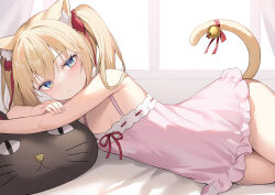 Rule 34 | 1girl, alexmaster, animal-shaped pillow, animal ear fluff, animal ears, bell, blonde hair, blue eyes, blush, breasts, cat-shaped pillow, cat ears, cat girl, cat tail, closed mouth, commentary request, dress, hair ribbon, long hair, looking at viewer, lying, on side, original, purple dress, red ribbon, ribbon, small breasts, solo, tail, tail bell, tail ornament, tail ribbon, twintails