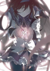 Rule 34 | 10s, 1girl, akemi homura, backlighting, black hair, black pantyhose, blurry, depth of field, flower, frills, frown, hairband, long hair, magical girl, mahou shoujo madoka magica, mahou shoujo madoka magica (anime), no eyes, outstretched hand, pantyhose, shilin, skirt, solo