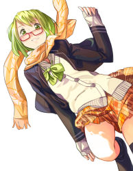 Rule 34 | 1girl, bespectacled, bow, bowtie, fujita (condor), glasses, green eyes, green hair, gumi, looking at viewer, matching hair/eyes, scarf, school uniform, short hair, simple background, skirt, smile, solo, vocaloid