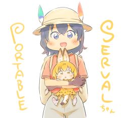 Rule 34 | 2girls, :d, animal ears, backpack, bag, black gloves, black hair, blonde hair, blue eyes, blush, bow, bowtie, chibi, commentary request, cowboy shot, english text, extra ears, gloves, hair between eyes, hat, hat feather, holding, holding person, kaban (kemono friends), kemono friends, looking at viewer, mini person, minigirl, multiple girls, open mouth, print legwear, print skirt, red shirt, serval (kemono friends), serval print, serval tail, shirt, short sleeves, shorts, simple background, skirt, smile, tail, wamakwp, white background, white headwear, white shorts, yellow eyes