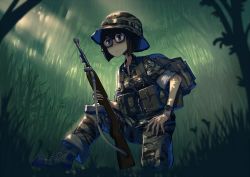 Rule 34 | 1girl, backpack, bag, bob cut, brown hair, camouflage, commentary, english commentary, erica (naze1940), glasses, gun, hat, holding, holding gun, holding weapon, jungle, m1 carbine, military, military hat, military uniform, nature, on one knee, original, short hair, soldier, solo, uniform, vietnam war, watch, weapon, wristwatch