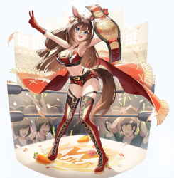 Rule 34 | 1girl, animal ears, arms up, belt, blue eyes, boots, breasts, brown hair, carrot, championship belt, cleavage, commentary, crop top, cross-laced footwear, crowd, el condor pasa (umamusume), gloves, hair ornament, highres, holding, holding belt, horse ears, horse girl, horse tail, lace-up boots, long hair, masai, mask, medium breasts, midriff, multiple others, navel, open mouth, red gloves, red shorts, short shorts, shorts, sleeveless, solo focus, standing, tail, teeth, thigh boots, umamusume, upper teeth only, v, wrestling mask, wrestling outfit, wrestling ring