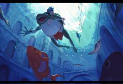 Rule 34 | 1boy, aged down, architecture, blue hair, blue theme, clownfish, fish, franky (one piece), frog, from below, highres, letterboxed, loincloth, male focus, one piece, qin (7833198), scenery, solo, underwater
