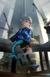Rule 34 | 1girl, absurdres, advarcher, alternate costume, black shorts, black thighhighs, blue eyes, blue hair, blue hoodie, blue socks, blunt bangs, building, city, commentary, crane (machine), cyborg, fins, fish tail, from behind, full body, gawr gura, grey hair, grin, hair ornament, highres, hololive, hololive english, hood, hood down, hoodie, long sleeves, looking at viewer, looking back, mechanical tail, medium hair, midair, multicolored hair, outdoors, scenery, shark girl, shark hair ornament, shark tail, sharp teeth, shoes, shorts, single thighhigh, smile, socks, solo, streaked hair, tail, teeth, thighhighs, two side up, virtual youtuber, white footwear
