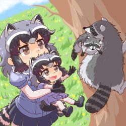 Rule 34 | 2girls, :d, aged down, animal, animal ear fluff, animal ears, black gloves, black hair, black skirt, blue dress, blue shirt, brown eyes, carrying, child, commentary request, common raccoon (kemono friends), creature and personification, dress, dual persona, extra ears, fang, gloves, grass, grey hair, kemono friends, multicolored hair, multiple girls, open mouth, puffy short sleeves, puffy sleeves, raccoon, raccoon ears, raccoon girl, raccoon tail, shirt, short hair, short sleeves, skirt, smile, striped tail, tail, tree, umikazenet3