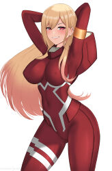 Rule 34 | 1girl, absurdres, arms behind head, arms up, artist name, blonde hair, bodysuit, breasts, cosplay, covered erect nipples, covered navel, darling in the franxx, ear piercing, highres, hioyami, kitagawa marin, large breasts, light blush, long hair, looking at viewer, multicolored hair, patreon username, piercing, pink eyes, pink hair, red bodysuit, simple background, smile, sono bisque doll wa koi wo suru, standing, white background, zero two (darling in the franxx), zero two (darling in the franxx) (cosplay)