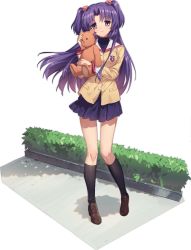 Rule 34 | 1girl, :3, ark order, artist request, black socks, blue skirt, breasts, brown footwear, bush, buttons, clannad, closed mouth, faux figurine, hair bobbles, hair ornament, hikarizaka private high school uniform, holding, holding stuffed toy, ichinose kotomi, jacket, kneehighs, loafers, long hair, long sleeves, looking at viewer, medium breasts, official art, pavement, pleated skirt, purple eyes, purple hair, sailor collar, school uniform, shoes, sidelocks, skirt, sleeve cuffs, smile, socks, solo, stuffed animal, stuffed toy, teddy bear, transparent background, two side up, white sailor collar, yellow jacket