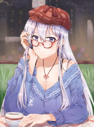 Rule 34 | 1girl, absurdres, azur lane, beret, bespectacled, blouse, breasts, brown hat, cleavage, coffee cup, collarbone, commentary request, cup, disposable cup, enterprise (azur lane), glasses, hand on own cheek, hand on own face, hat, highres, jewelry, large breasts, long hair, looking at viewer, necklace, pov across table, purple eyes, purple shirt, red-framed eyewear, shirt, silver hair, solo, upper body, very long hair, yuking
