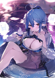 Rule 34 | 1girl, ahoge, bikini, blue bikini, blue hair, breasts, feet out of frame, flower, food, frilled bikini, frills, hair flower, hair ornament, heart, heart ahoge, highres, holding, holding ice cream cone, holding spoon, hololive, ice cream, ice cream cone, innertube, large breasts, long hair, looking at viewer, parted lips, partially submerged, ponytail, red eyes, solo, spoon, swim ring, swimsuit, virtual youtuber, water, yaguo, yukihana lamy, yukimin (yukihana lamy)