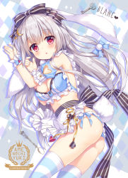 Rule 34 | 1girl, :o, ameto yuki, animal ears, apron, arm up, artist name, ass, bare shoulders, blanc (ameto yuki), blue bow, blue bra, blue panties, blue sleeves, blush, bow, bra, breasts, brown bow, cleavage, clothing cutout, club (shape), commentary request, crescent, crescent hair ornament, cross-laced clothes, detached sleeves, dutch angle, fingernails, frilled apron, frills, grey hair, hair between eyes, hair bow, hair ornament, hand up, heart, heart cutout, highres, key, long hair, looking at viewer, looking to the side, medium breasts, original, panties, parted lips, puffy short sleeves, puffy sleeves, rabbit ears, rabbit girl, rabbit tail, red eyes, short sleeves, solo, spade (shape), sparkle, spoon, striped bow, striped clothes, striped thighhighs, tail, thighhighs, underwear, very long hair, white apron, wrist cuffs