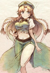 Rule 34 | 1girl, arm at side, bad id, bad pixiv id, beret, braid, chinese clothes, clenched hand, hair ribbon, hat, hong meiling, leg lift, long hair, looking at viewer, midriff, navel, parted bangs, pemu, pomon illust, puffy short sleeves, puffy sleeves, red hair, ribbon, short sleeves, side slit, sketch, smile, solo, star (symbol), tangzhuang, touhou, tress ribbon, twin braids, very long hair