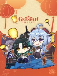 Rule 34 | 1boy, 2girls, asymmetrical clothes, bell, blue hair, brown leotard, chibi, chinese clothes, curled horns, detached sleeves, ganyu (genshin impact), genshin impact, goat horns, green hair, horns, keqing (genshin impact), lantern, lantern festival, leotard, long hair, long sleeves, multiple girls, neck bell, official art, paper lantern, pink eyes, purple hair, short hair with long locks, shoulder spikes, sitting, sky lantern, spikes, squirrel, white sleeves, xiao (genshin impact), yellow eyes